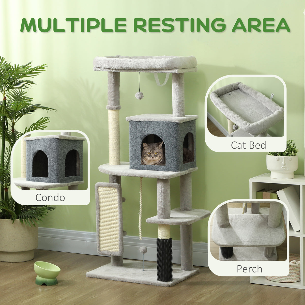 52" Cat Tree with Condo, Bed, and Grooming Brush - Light Grey-Cats-DECOROLALA