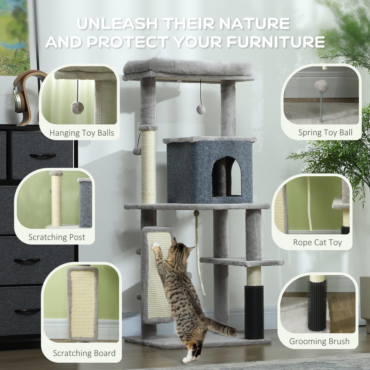 52" Cat Tree with Condo, Bed, and Grooming Brush - Light Grey-Cats-DECOROLALA