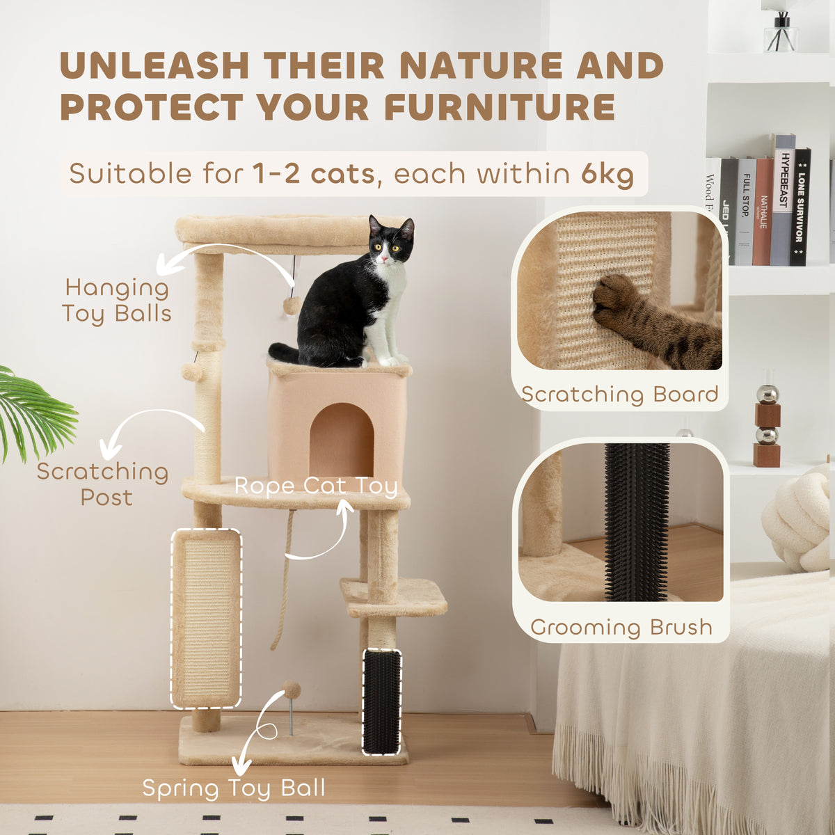 52" Cat Tree with Condo, Scratching Posts and Bed - Beige-Cats-DECOROLALA