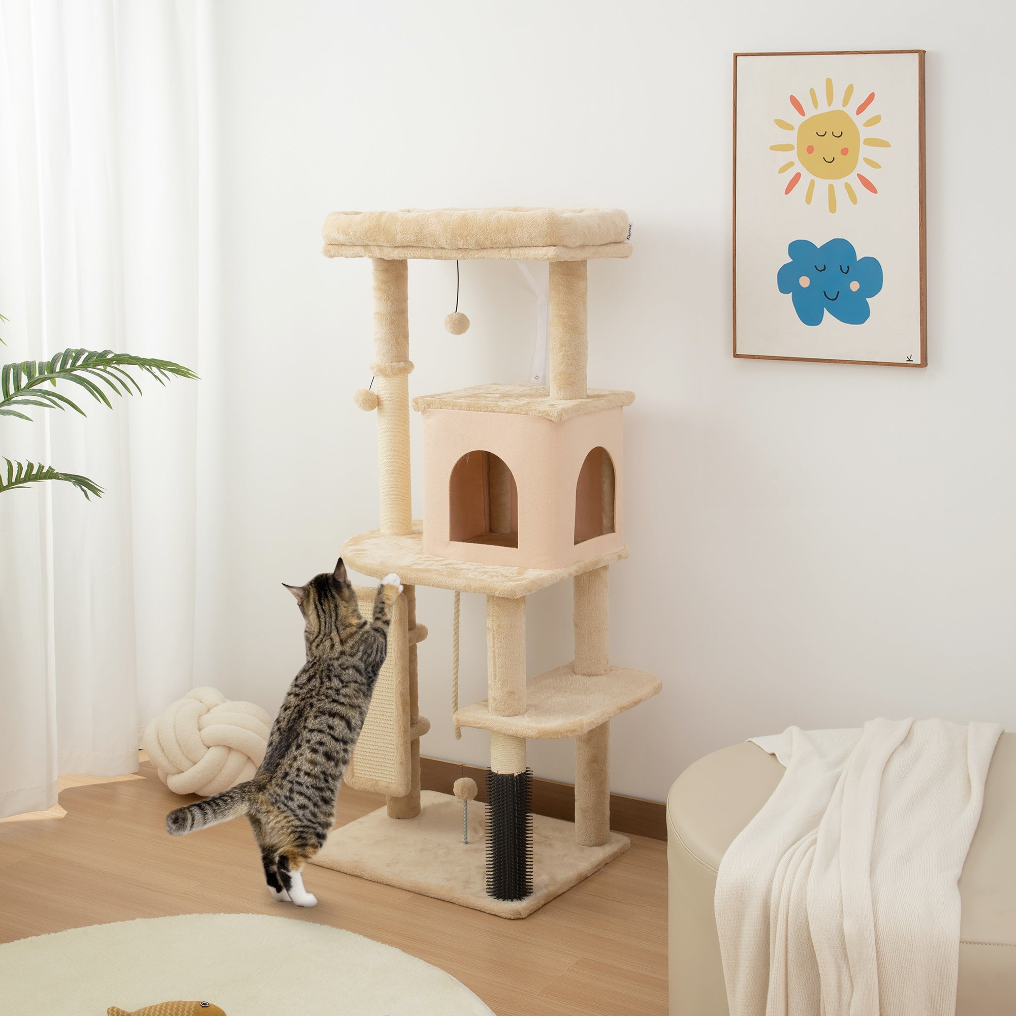 52" Cat Tree with Condo, Scratching Posts and Bed - Beige-Cats-DECOROLALA