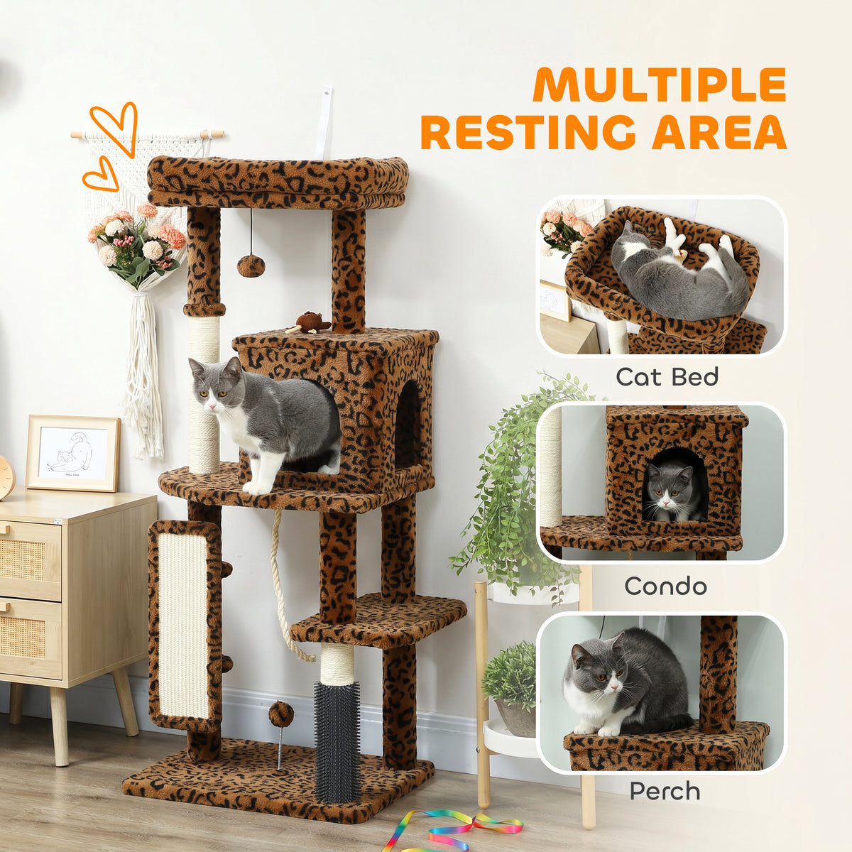 52" Cat Tree with Condo and Scratching Posts - Leopard Print-Cats-DECOROLALA