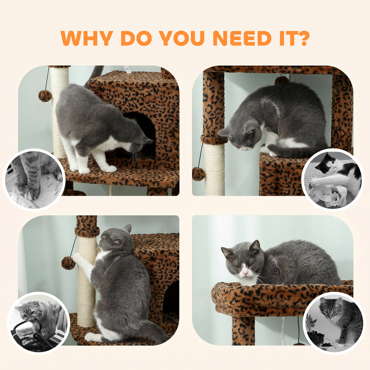 52" Cat Tree with Condo and Scratching Posts - Leopard Print-Cats-DECOROLALA
