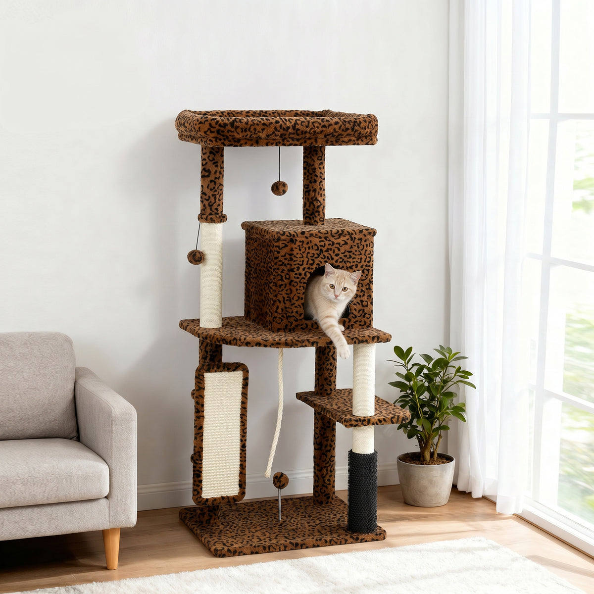 52" Cat Tree with Condo and Scratching Posts - Leopard Print-Cats-DECOROLALA