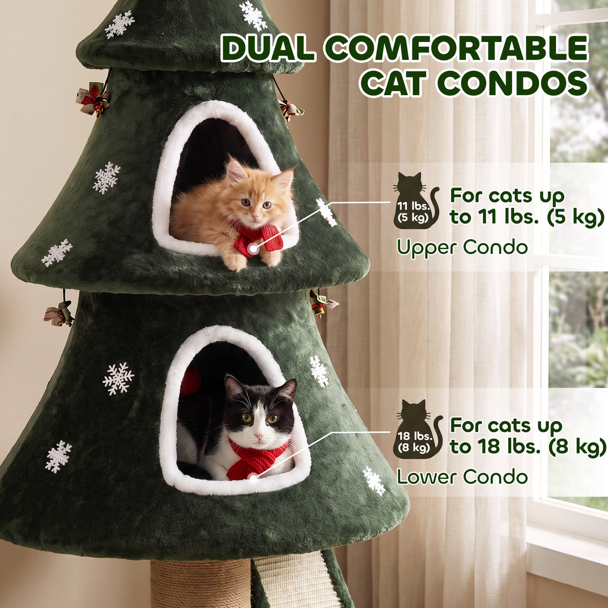 52" Christmas Cat Tree - 2-Tier Tower with Dual Condos Green-Cats-DECOROLALA