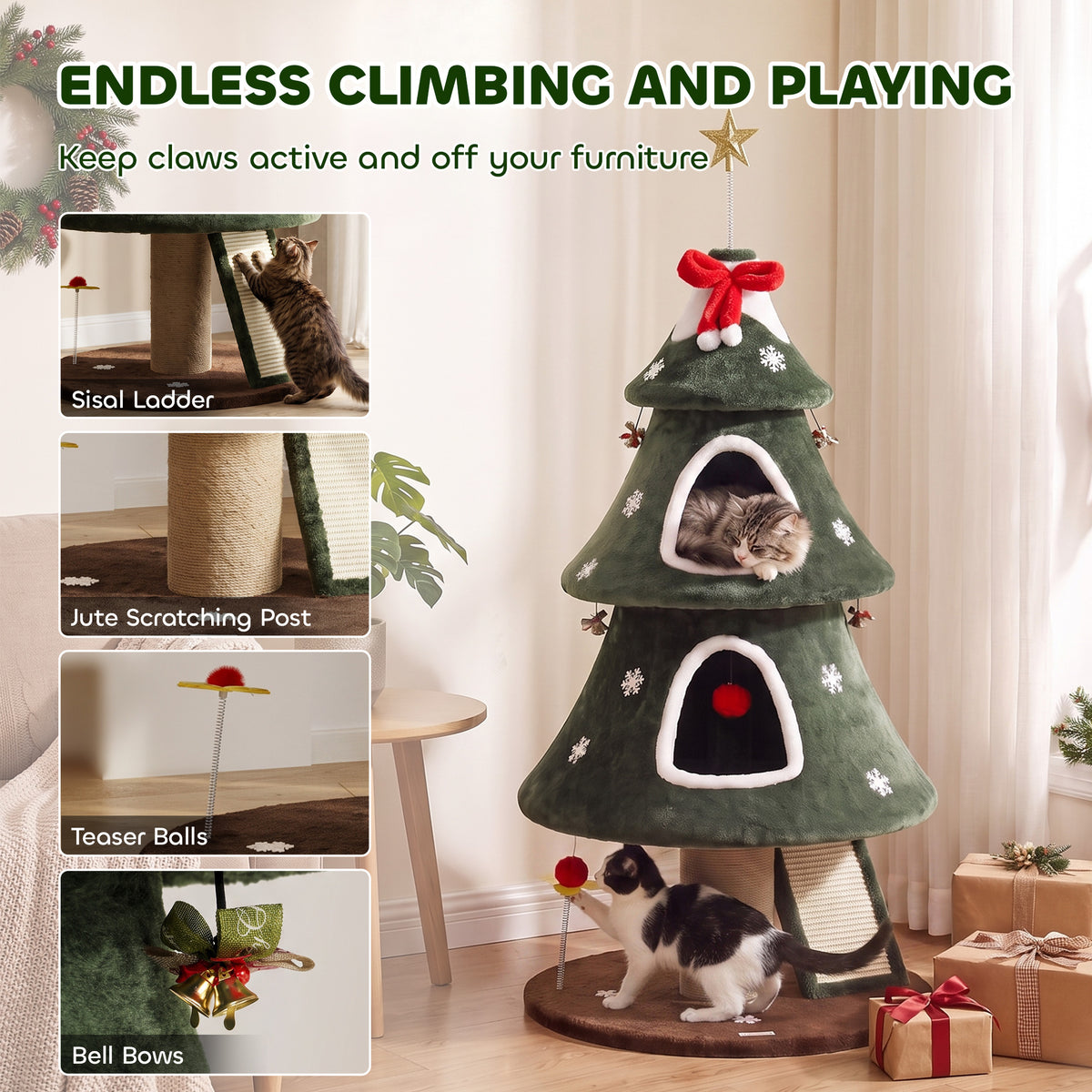 52" Christmas Cat Tree - 2-Tier Tower with Dual Condos Green-Cats-DECOROLALA