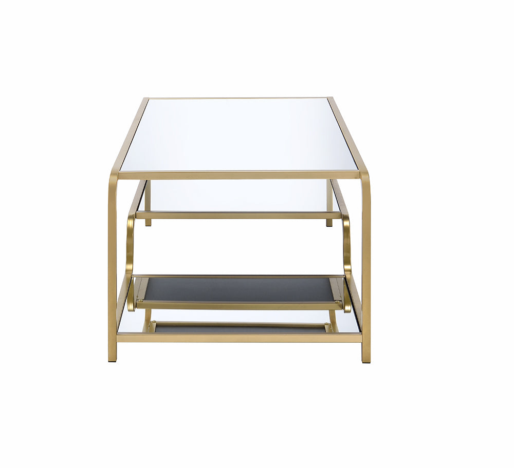 52" Clear and Gold Mirrored Glass And Iron Coffee Table With Shelf-Coffee Tables-DECOROLALA