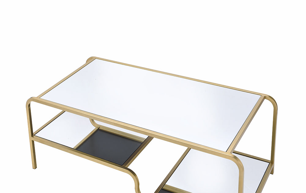 52" Clear and Gold Mirrored Glass And Iron Coffee Table With Shelf-Coffee Tables-DECOROLALA