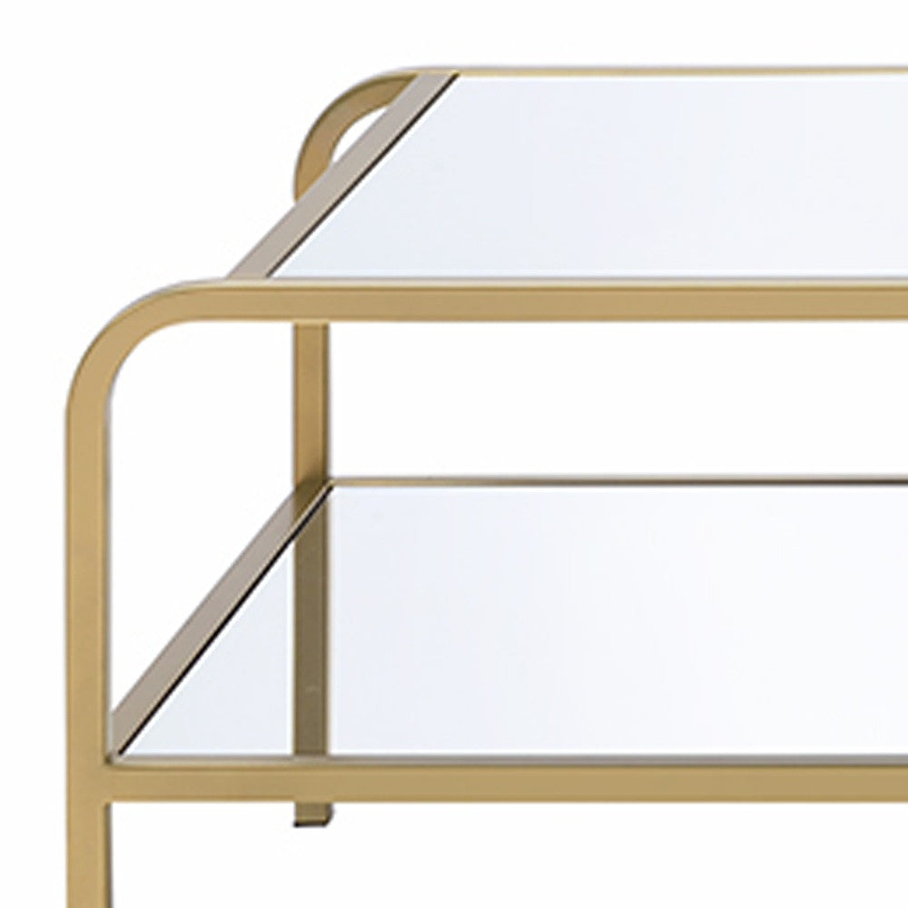52" Clear and Gold Mirrored Glass And Iron Coffee Table With Shelf-Coffee Tables-DECOROLALA