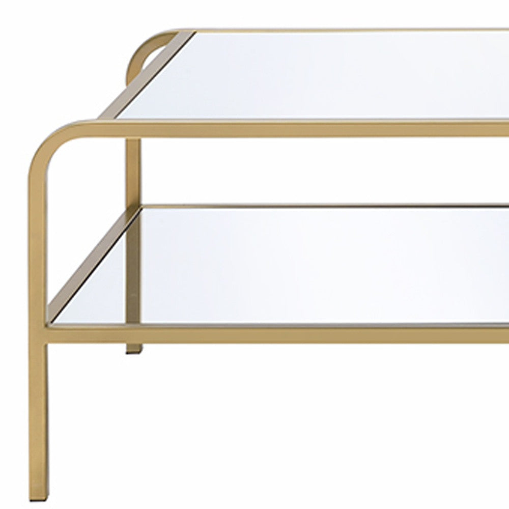 52" Clear and Gold Mirrored Glass And Iron Coffee Table With Shelf-Coffee Tables-DECOROLALA