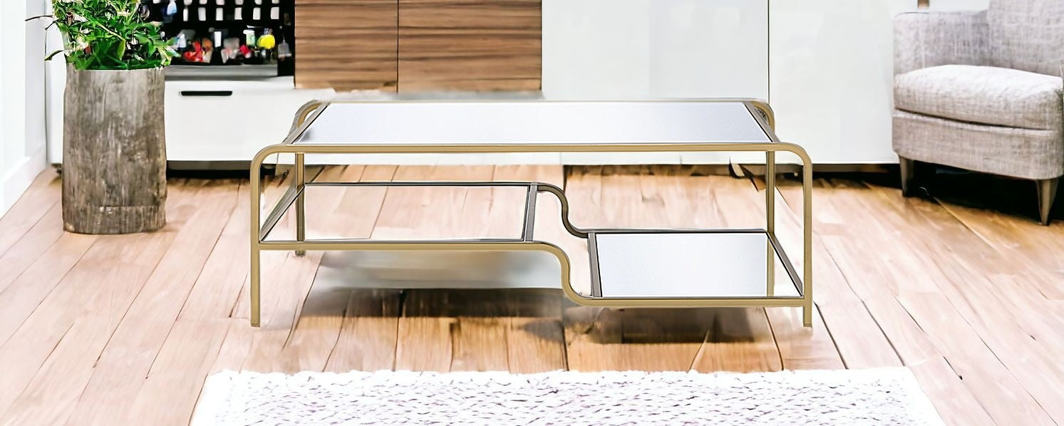 52" Clear and Gold Mirrored Glass And Iron Coffee Table With Shelf-Coffee Tables-DECOROLALA