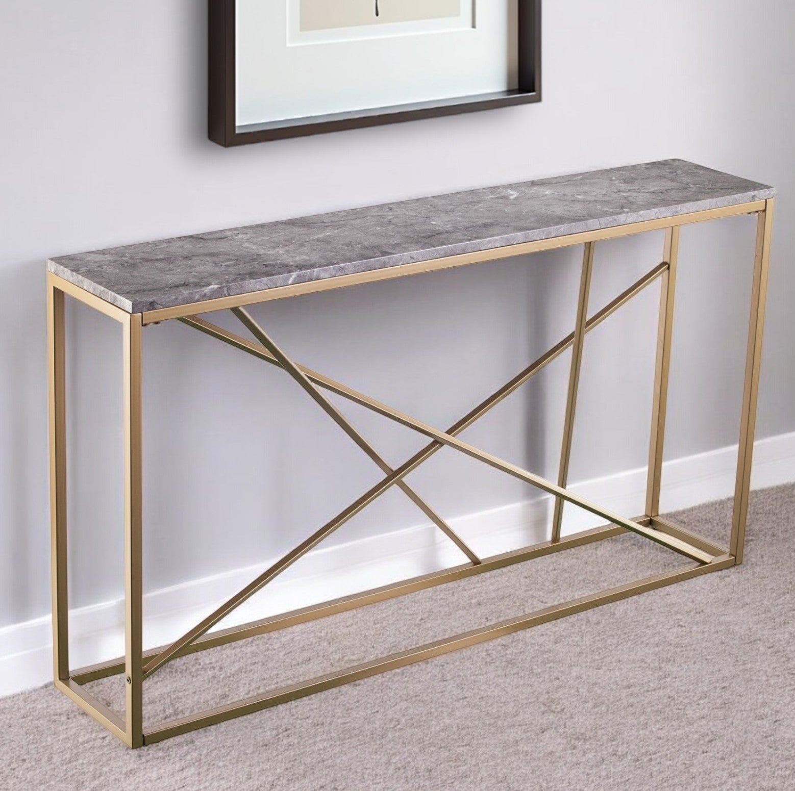 52" Gray and Gold Faux Marble Frame Console Table-Console Tables-DECOROLALA