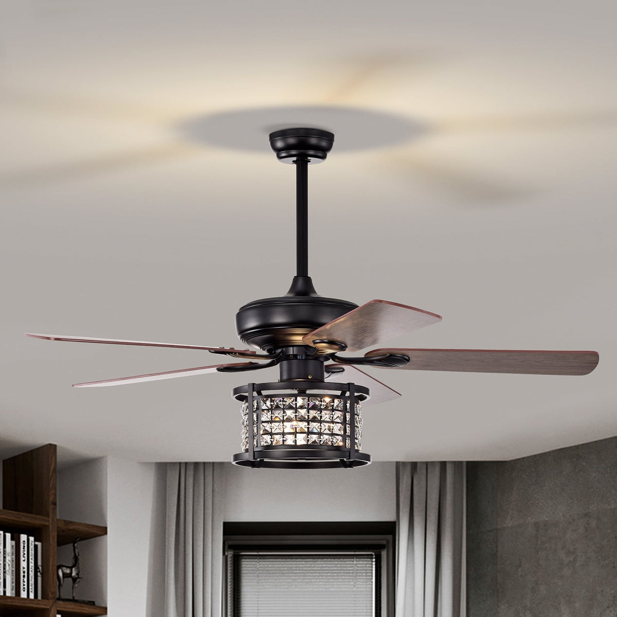 52 Inch 3-Speed Crystal Ceiling Fan Light with Remote Control-Black-Ceiling Fans-DECOROLALA