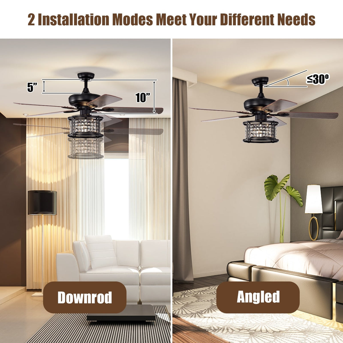 52 Inch 3-Speed Crystal Ceiling Fan Light with Remote Control-Black-Ceiling Fans-DECOROLALA