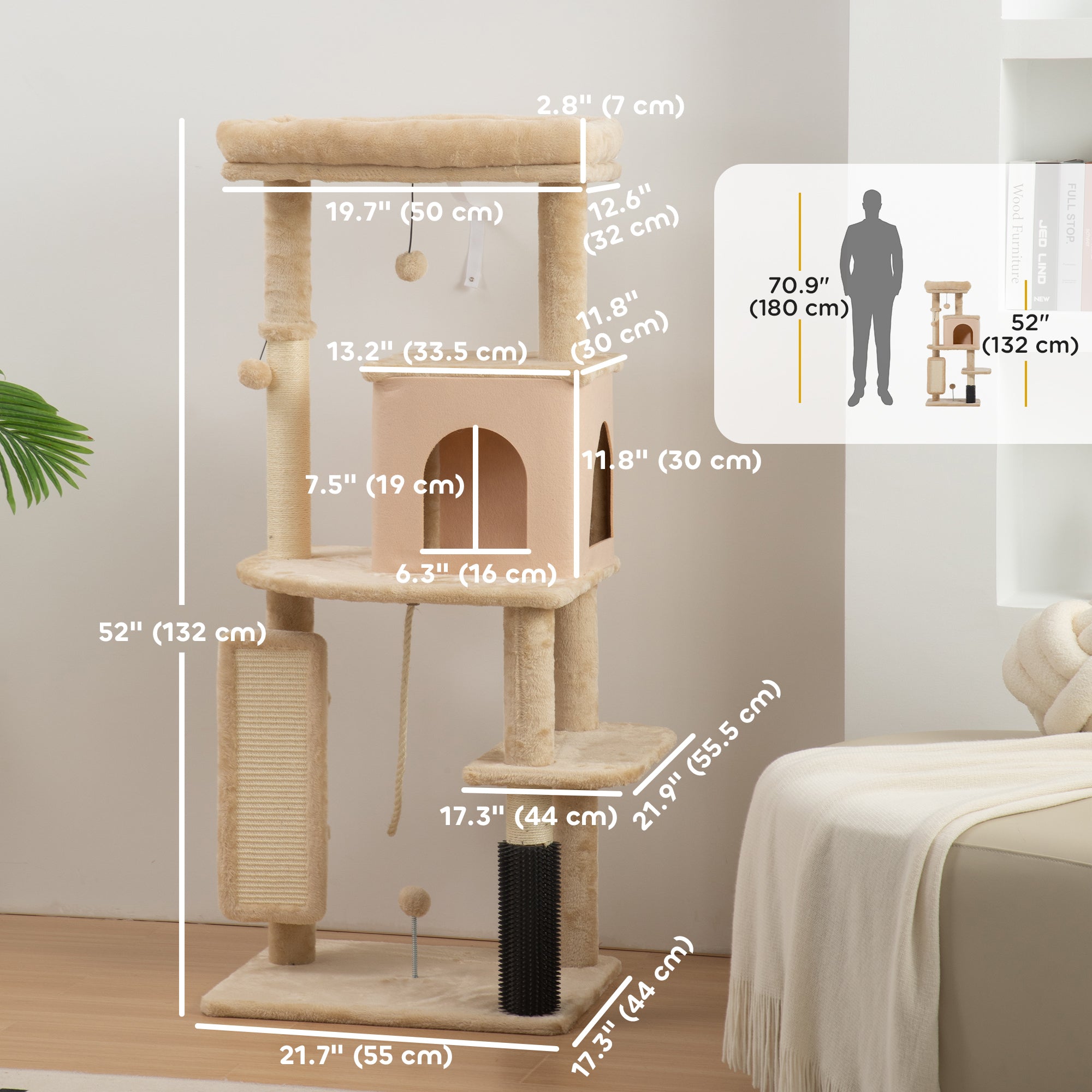 52 Inch Cat Tree with Scratching Posts, Cat Bed, Condo, Grooming Brush, Jumping Platforms, Toy Balls, Anti-tip Kit-Cats-DECOROLALA