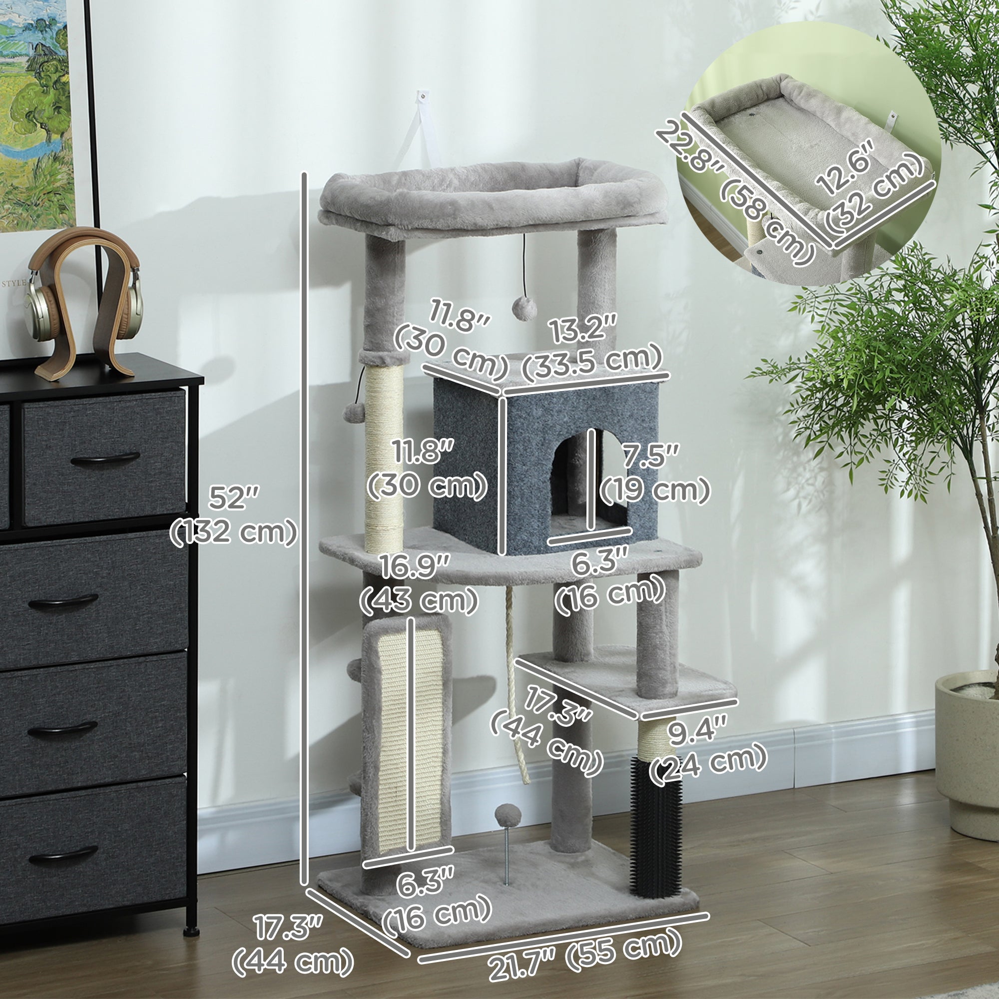 52 Inch Cat Tree with Scratching Posts, Cat Bed, Condo, Grooming Brush, Jumping Platforms, Toy Balls, Anti-tip Kit-Cats-DECOROLALA