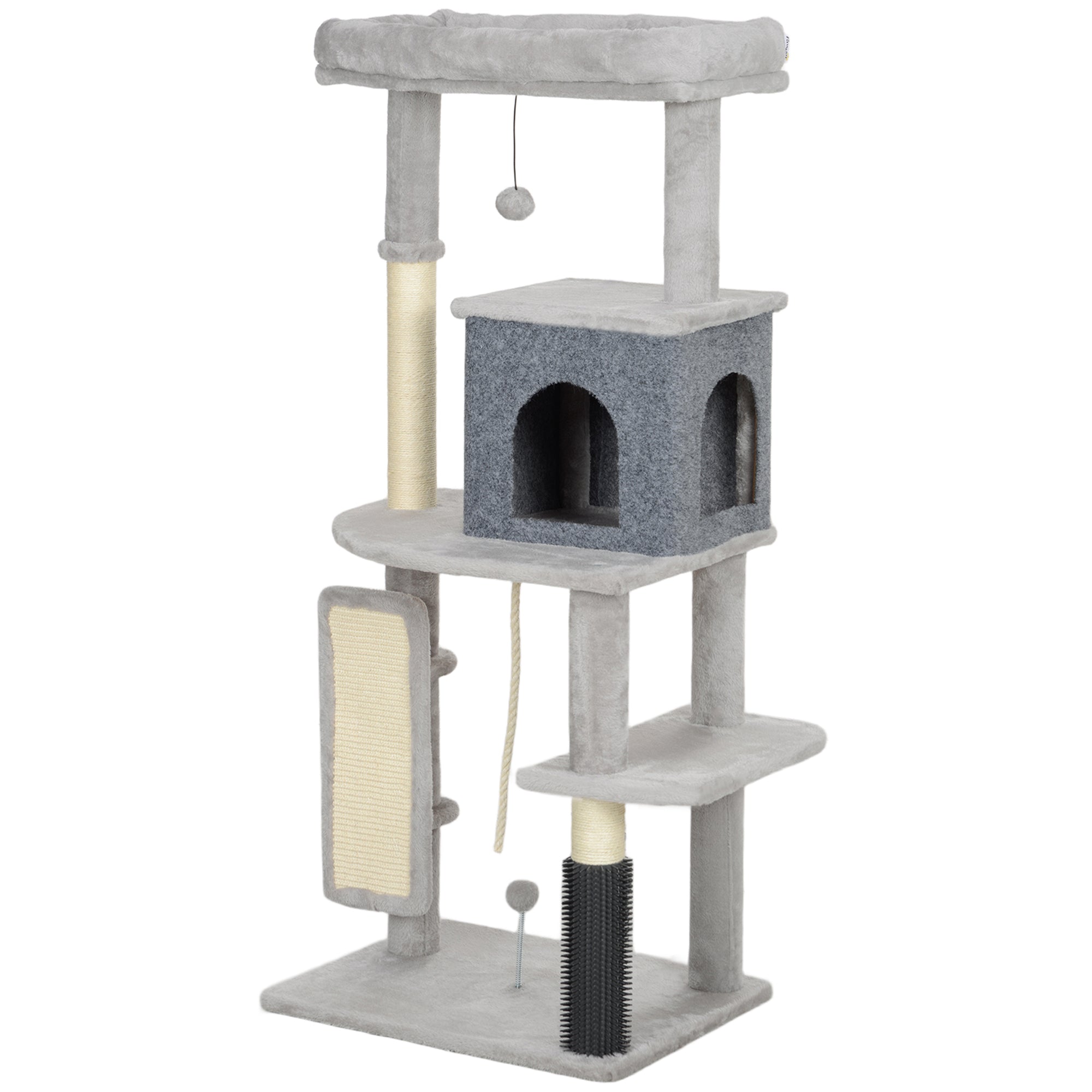 52 Inch Cat Tree with Scratching Posts, Cat Bed, Condo, Grooming Brush, Jumping Platforms, Toy Balls, Anti-tip Kit-Cats-DECOROLALA