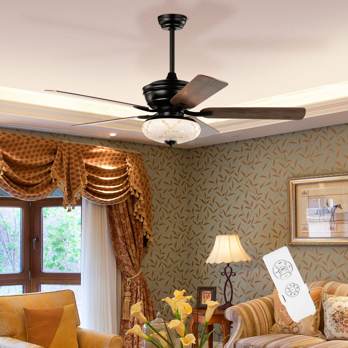 52 Inch Ceiling Fan with 3 Wind Speeds and 5 Reversible Blades-Black-Ceiling Fans-DECOROLALA