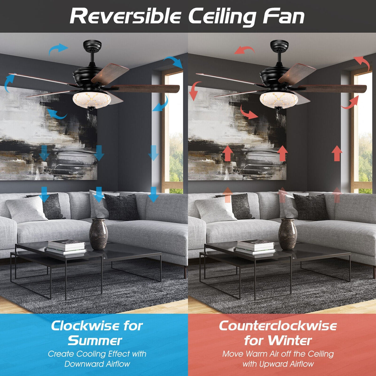 52 Inch Ceiling Fan with 3 Wind Speeds and 5 Reversible Blades-Black-Ceiling Fans-DECOROLALA