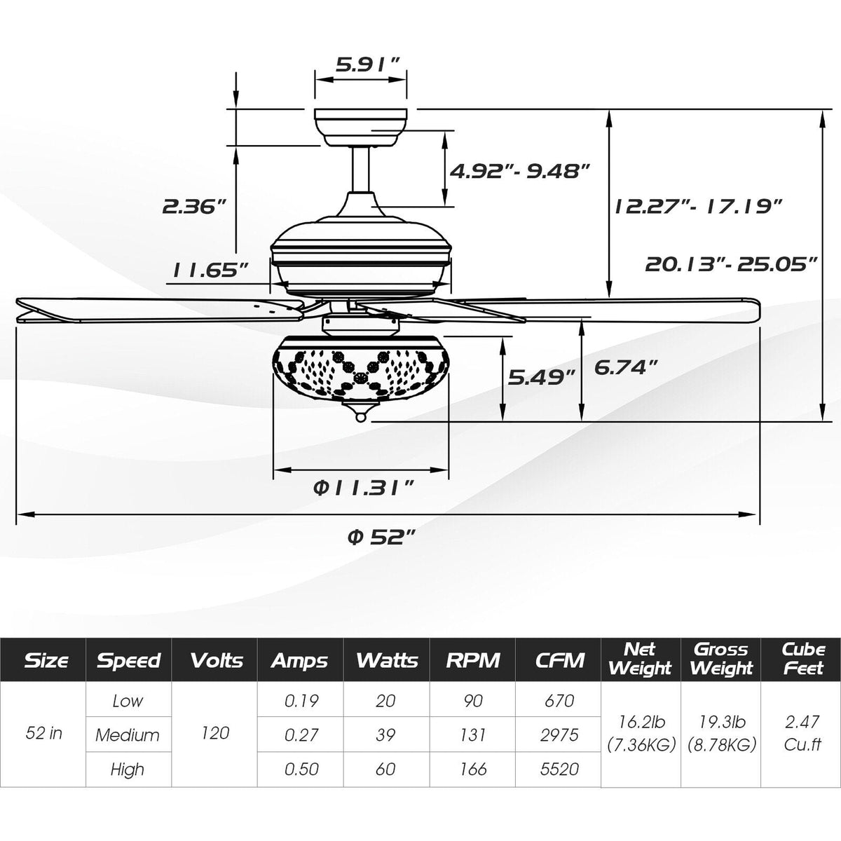 52 Inch Ceiling Fan with 3 Wind Speeds and 5 Reversible Blades-Black-Ceiling Fans-DECOROLALA
