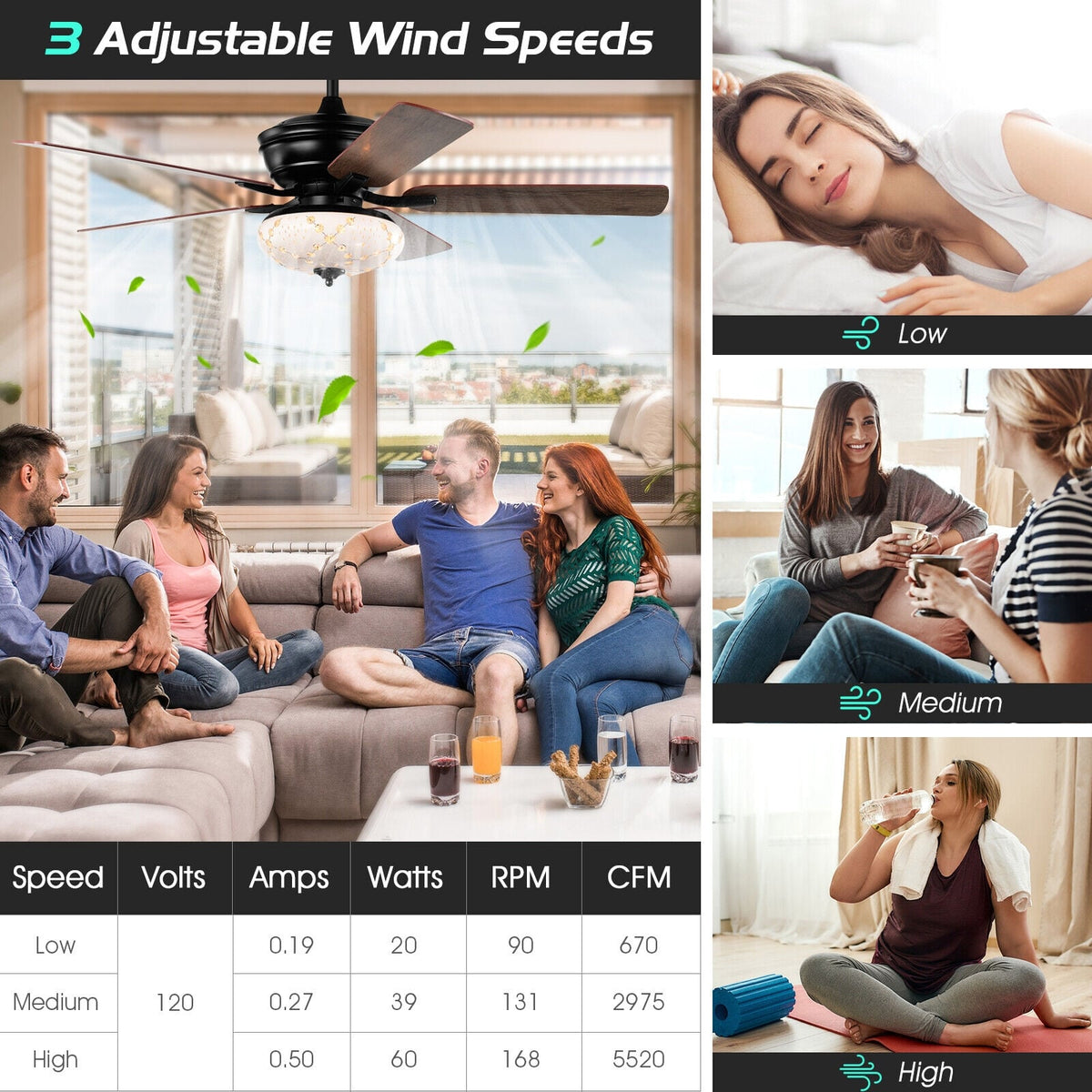 52 Inch Ceiling Fan with 3 Wind Speeds and 5 Reversible Blades-Black-Ceiling Fans-DECOROLALA