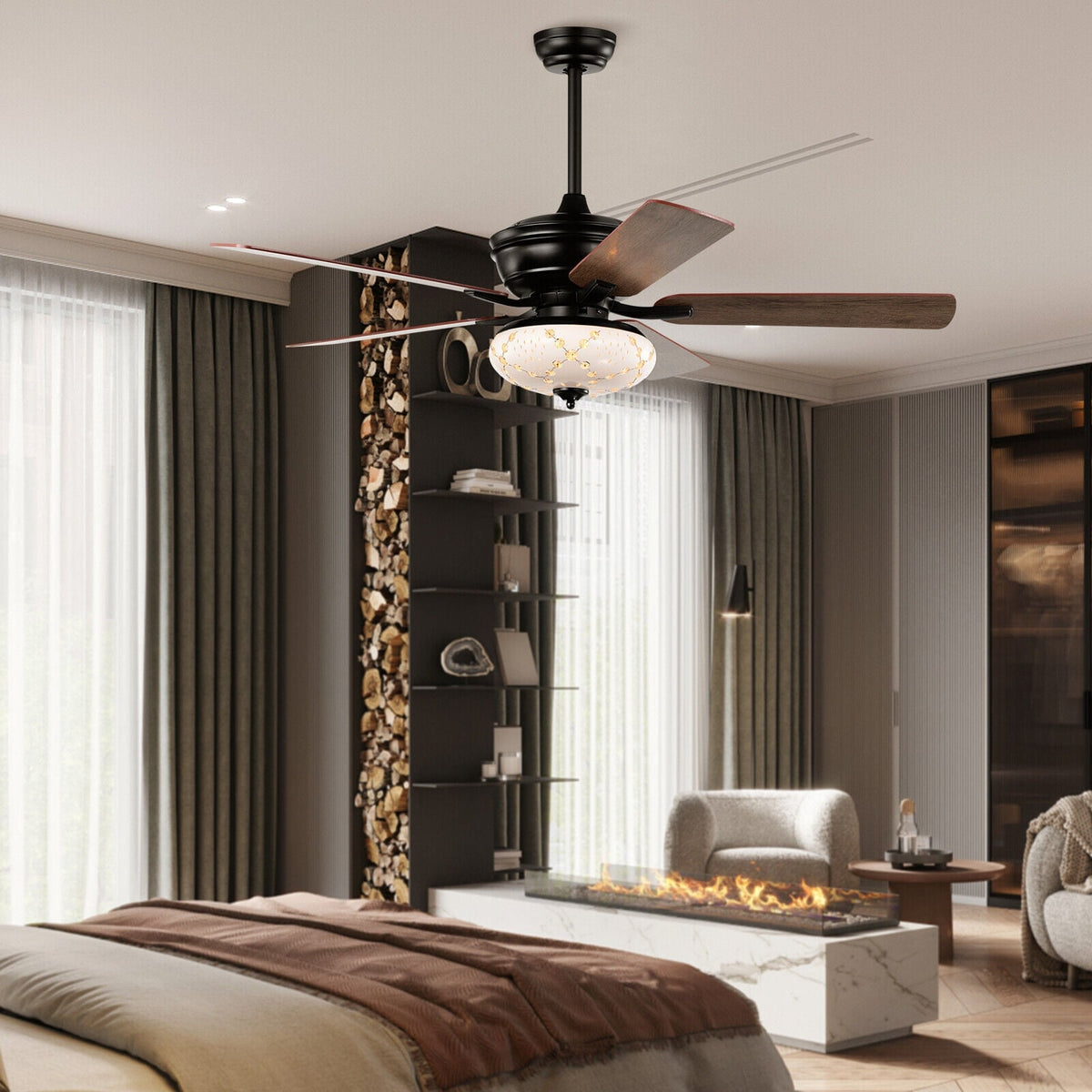 52 Inch Ceiling Fan with 3 Wind Speeds and 5 Reversible Blades-Black-Ceiling Fans-DECOROLALA
