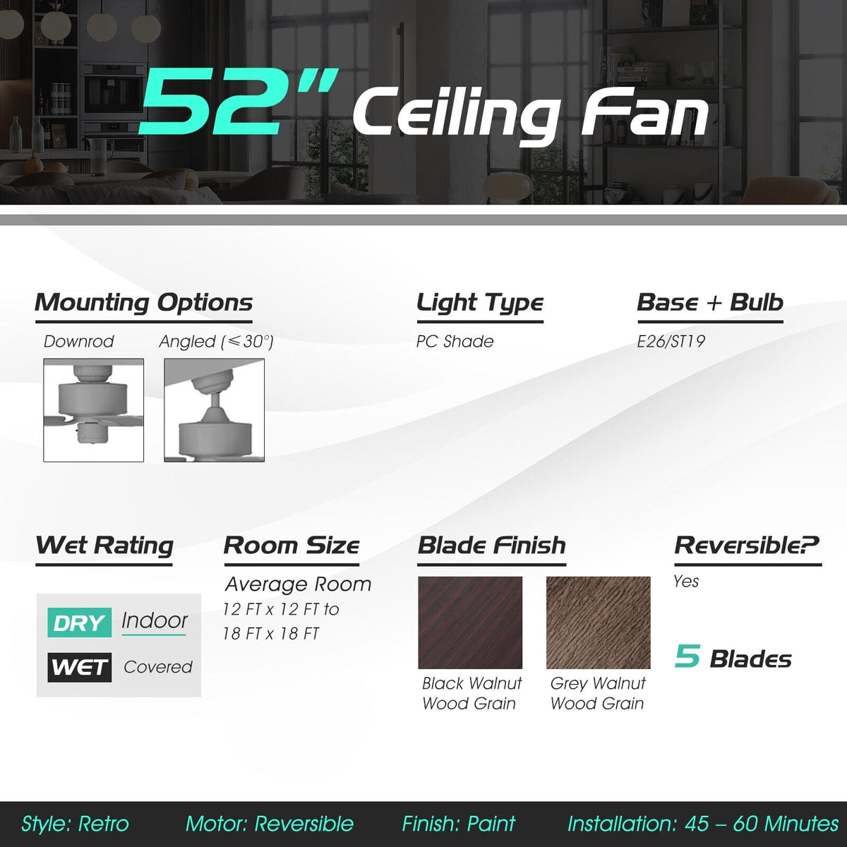 52 Inch Ceiling Fan with 3 Wind Speeds and 5 Reversible Blades-Black-Ceiling Fans-DECOROLALA
