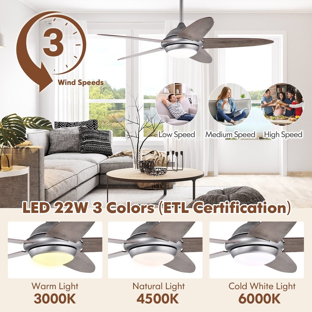 52 Inch Ceiling Fan with Lights and 3 Lighting Colors-Silver Gray-Ceiling Fans-DECOROLALA