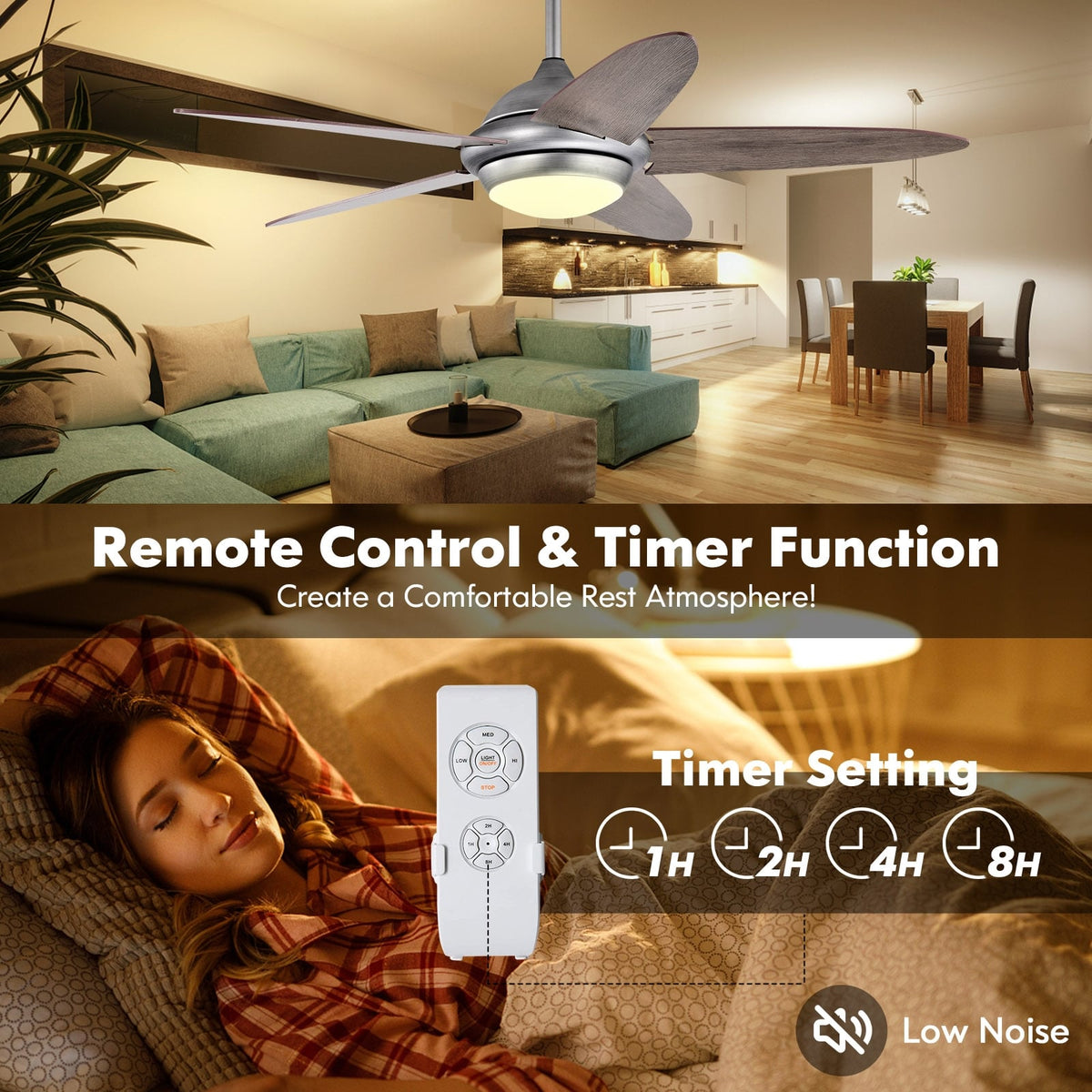 52 Inch Ceiling Fan with Lights and 3 Lighting Colors-Silver Gray-Ceiling Fans-DECOROLALA
