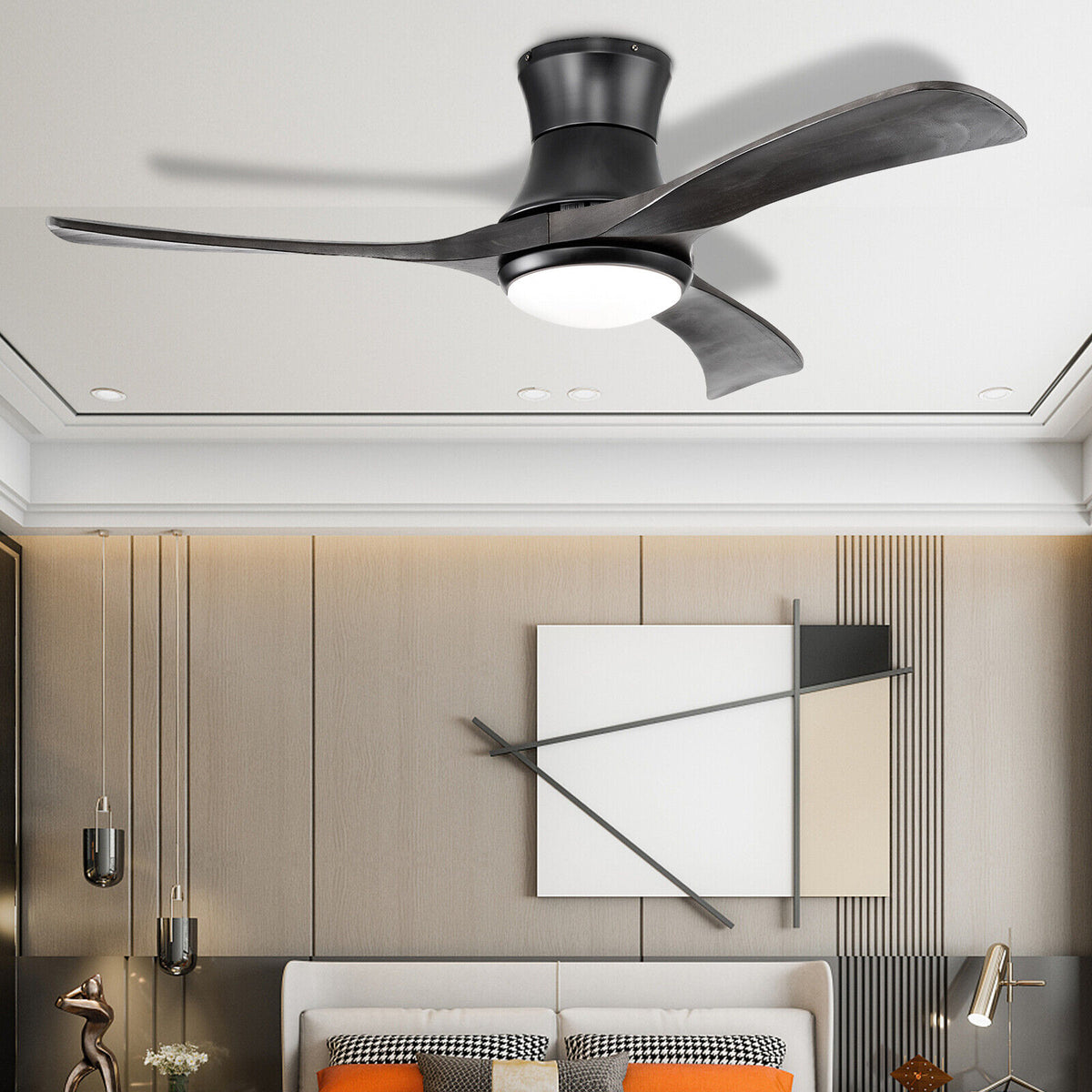 52 Inch Flush Mount Ceiling Fan with LED Light-Black-Ceiling Fans-DECOROLALA