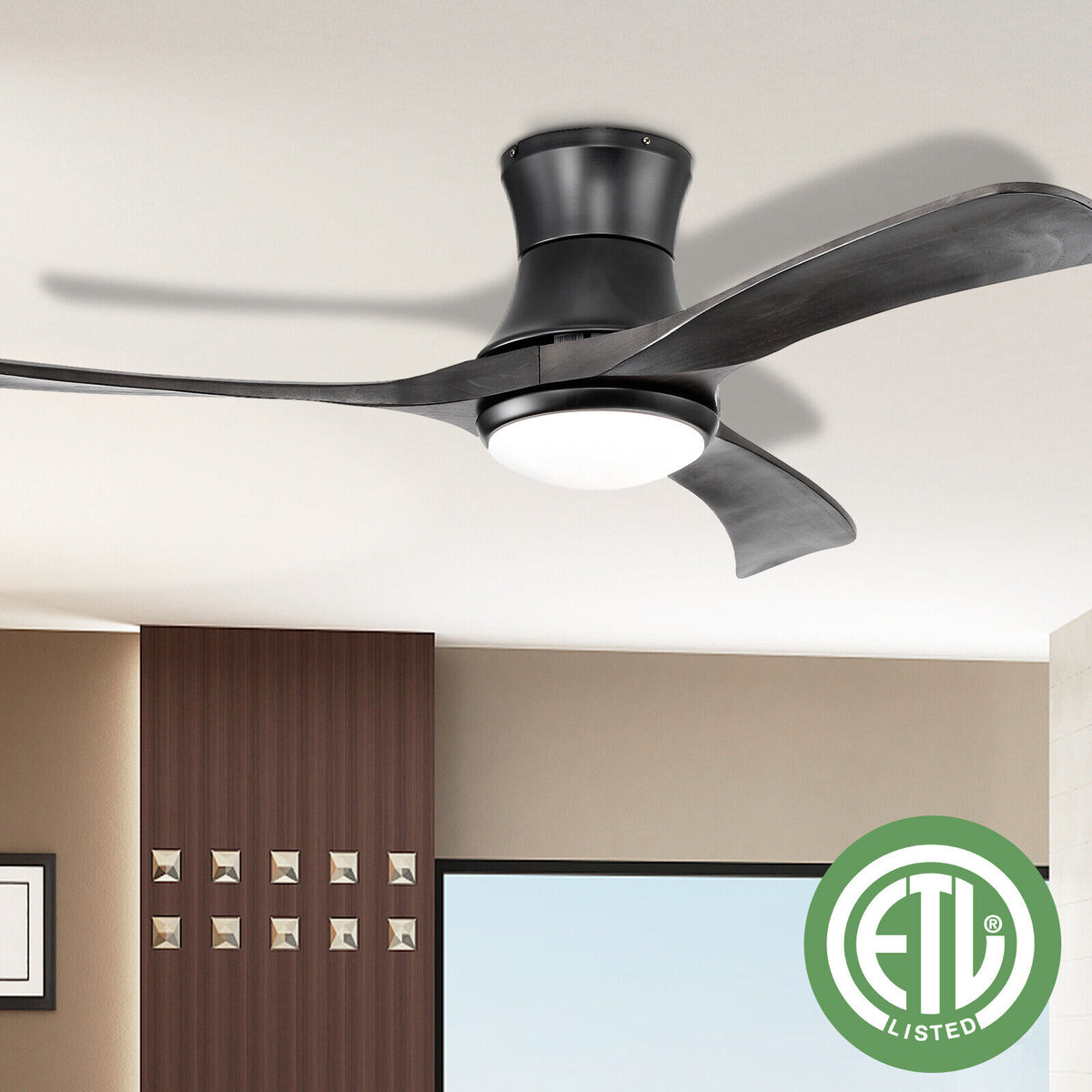 52 Inch Flush Mount Ceiling Fan with LED Light-Black-Ceiling Fans-DECOROLALA