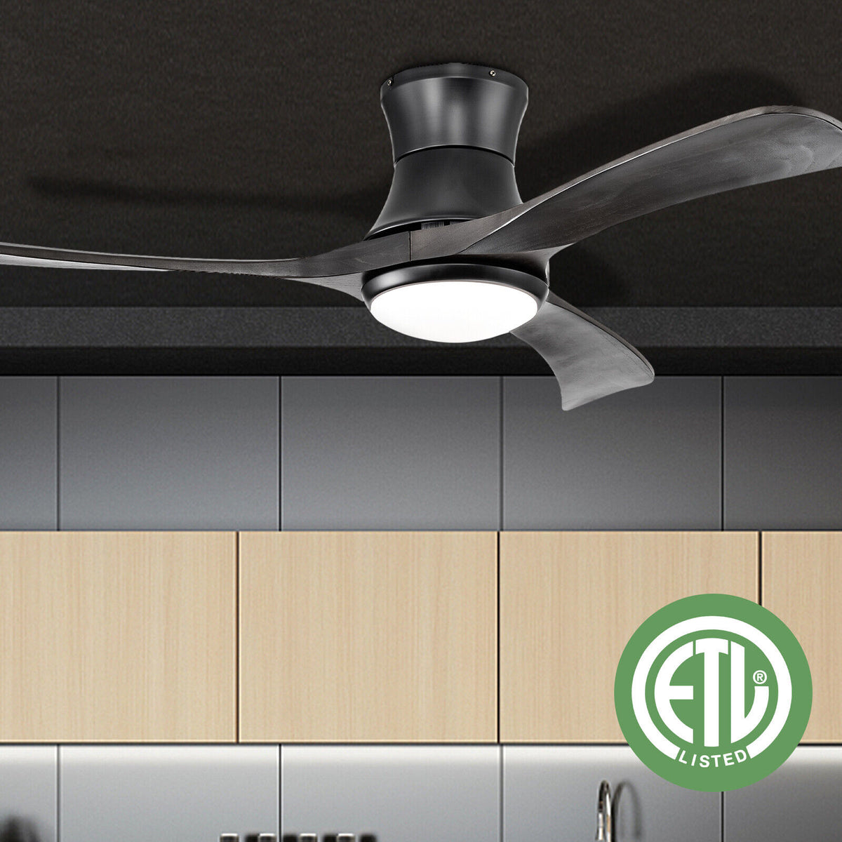 52 Inch Flush Mount Ceiling Fan with LED Light-Black-Ceiling Fans-DECOROLALA
