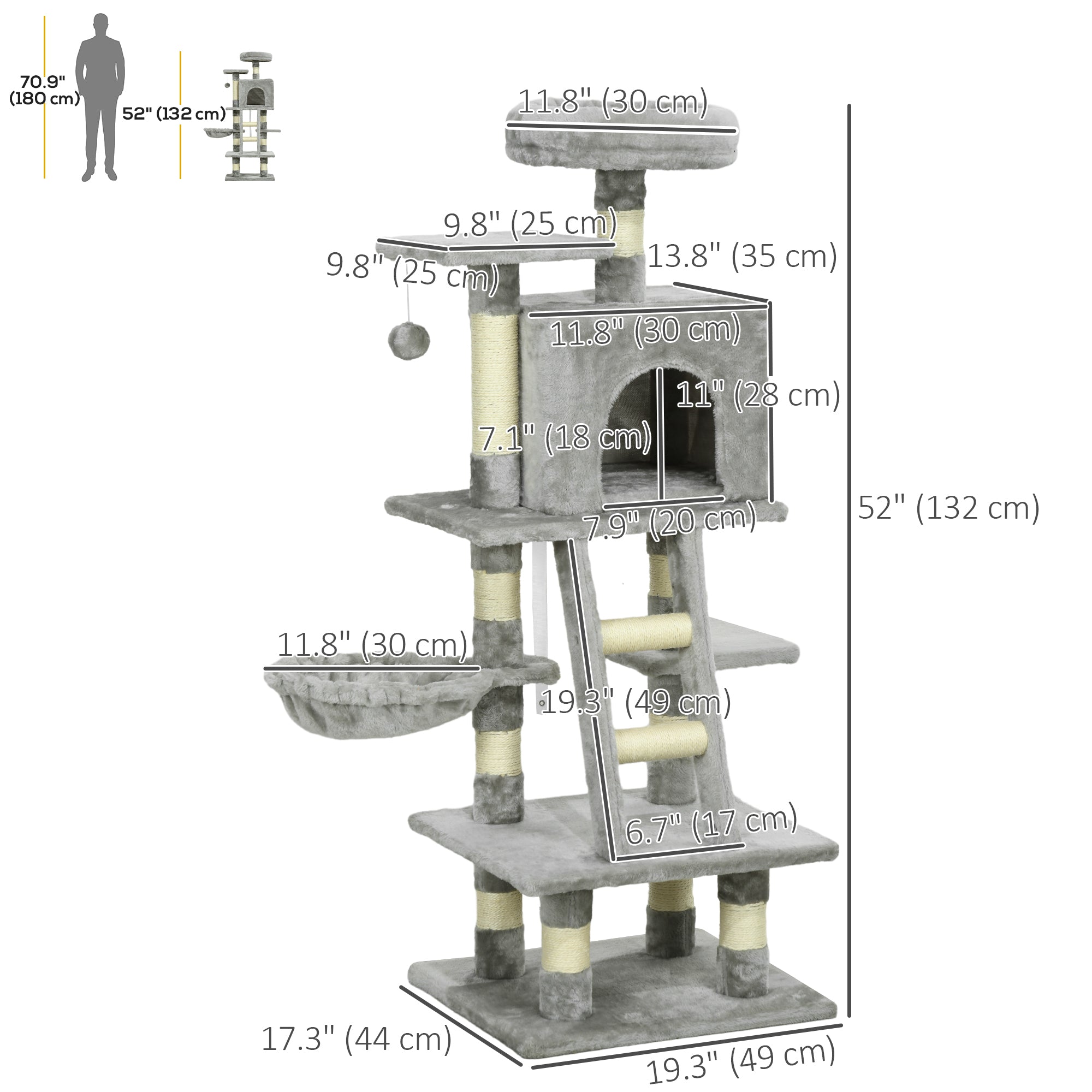 52 Inch Large Cat Tree for Indoor Cats, Light Grey-Cats-DECOROLALA