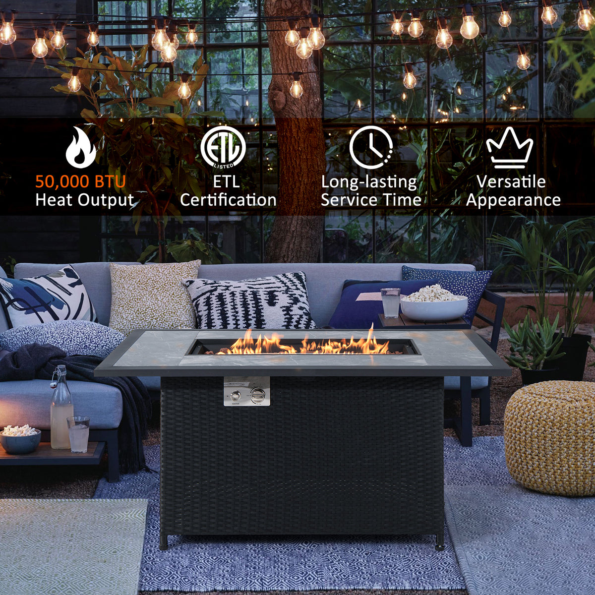 52 Inch Rattan Wicker Propane Fire Pit Table with Rain Cover and Lava Rock-Black-Fire Pit Tables-DECOROLALA