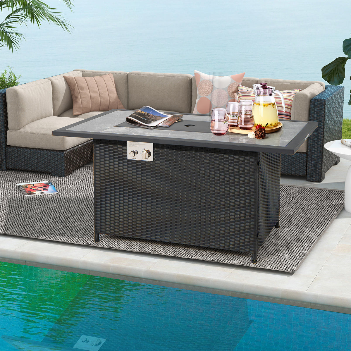 52 Inch Rattan Wicker Propane Fire Pit Table with Rain Cover and Lava Rock-Black-Fire Pit Tables-DECOROLALA