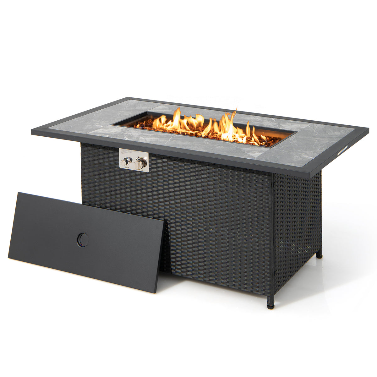 52 Inch Rattan Wicker Propane Fire Pit Table with Rain Cover and Lava Rock-Black-Fire Pit Tables-DECOROLALA