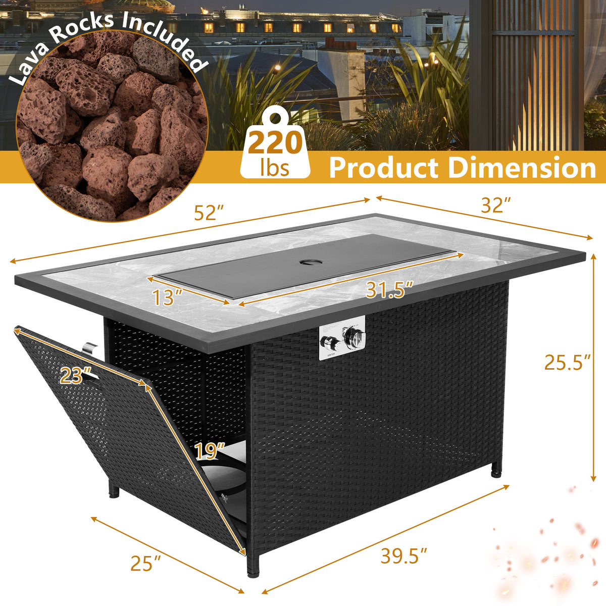 52 Inch Rattan Wicker Propane Fire Pit Table with Rain Cover and Lava Rock-Black-Fire Pit Tables-DECOROLALA