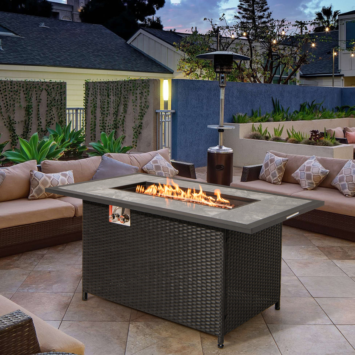 52 Inch Rattan Wicker Propane Fire Pit Table with Rain Cover and Lava Rock-Black-Fire Pit Tables-DECOROLALA