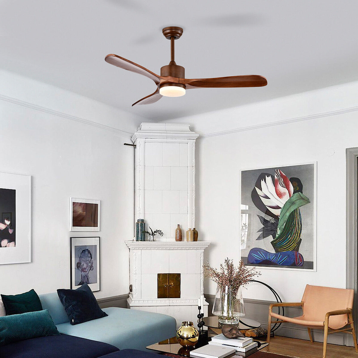 52 Inch Reversible Ceiling Fan with LED Light and Adjustable Temperature-Brown-Ceiling Fans-DECOROLALA