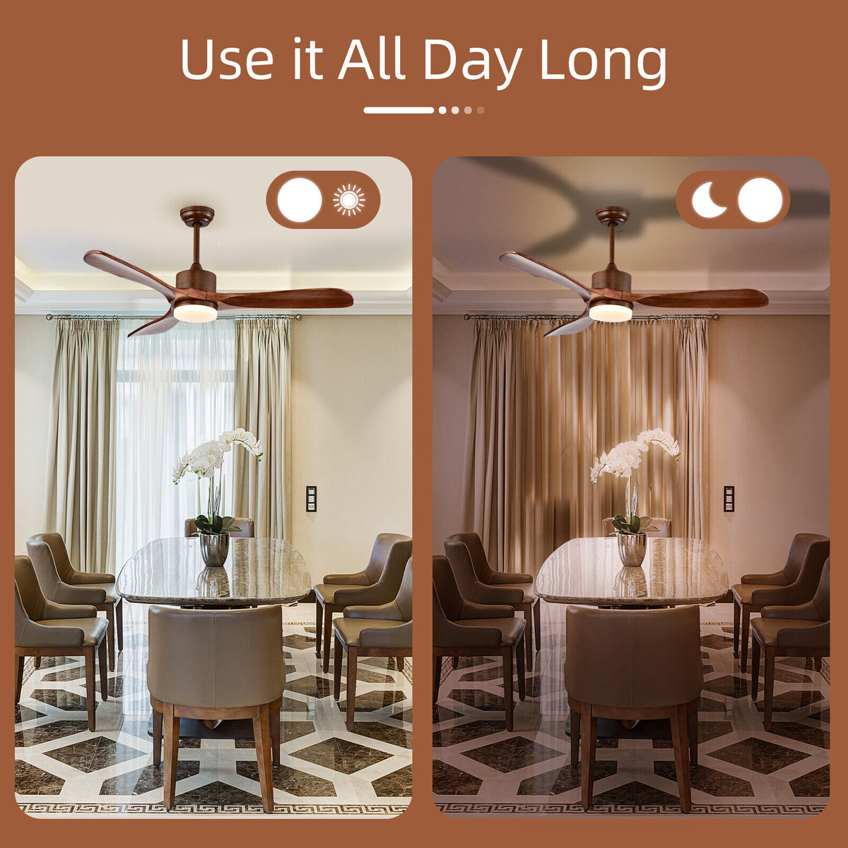 52 Inch Reversible Ceiling Fan with LED Light and Adjustable Temperature-Brown-Ceiling Fans-DECOROLALA