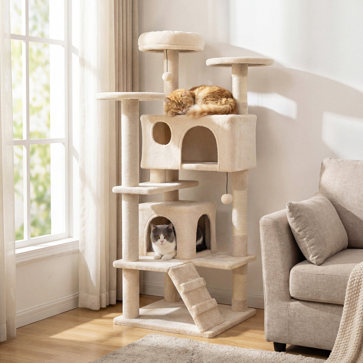 52 Inch Tall Cat Tree Tower for Indoor Cats-Beige-Cat Trees & Scratchers-DECOROLALA