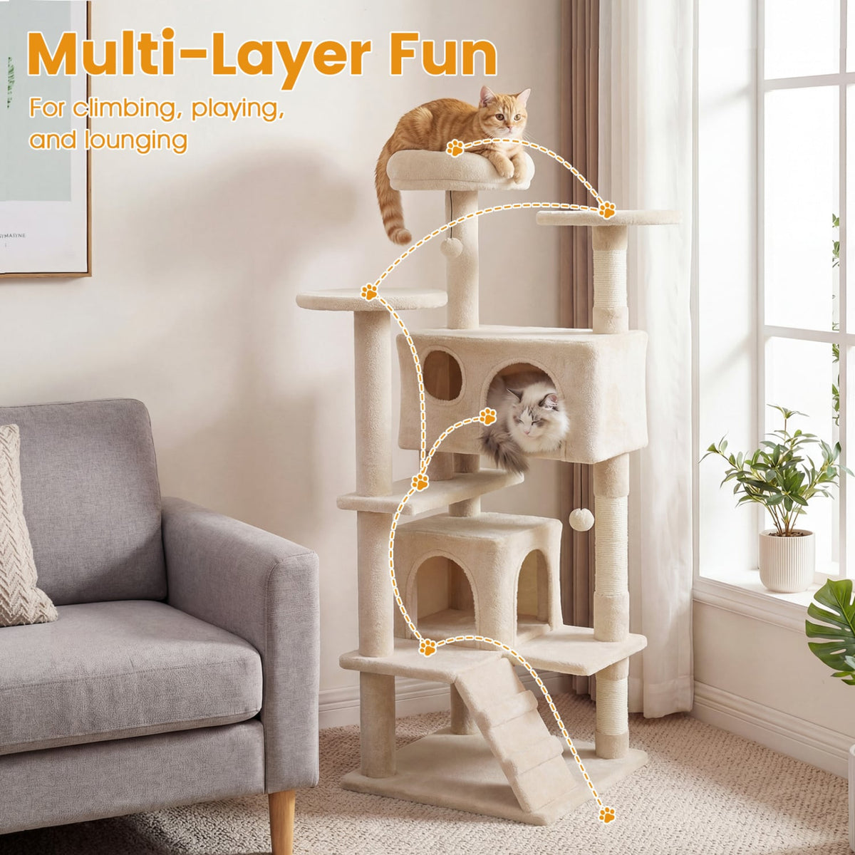 52 Inch Tall Cat Tree Tower for Indoor Cats-Beige-Cat Trees & Scratchers-DECOROLALA