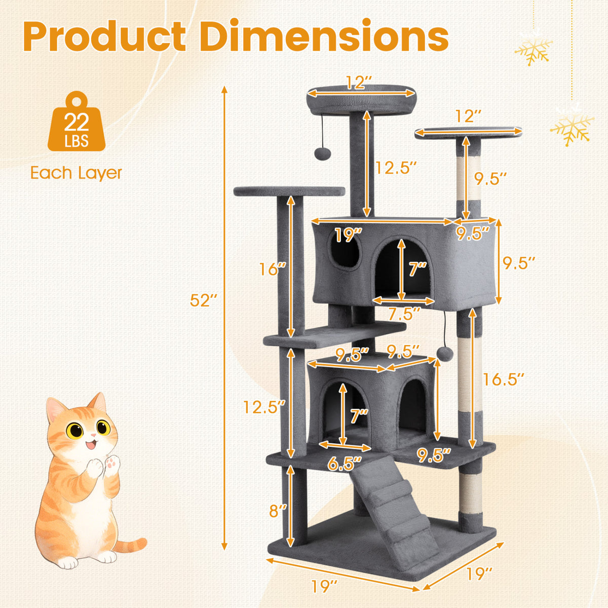 52 Inch Tall Cat Tree Tower for Indoor Cats-Light Gray-Cat Trees & Scratchers-DECOROLALA