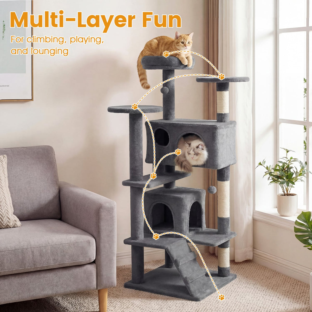 52 Inch Tall Cat Tree Tower for Indoor Cats-Light Gray-Cat Trees & Scratchers-DECOROLALA