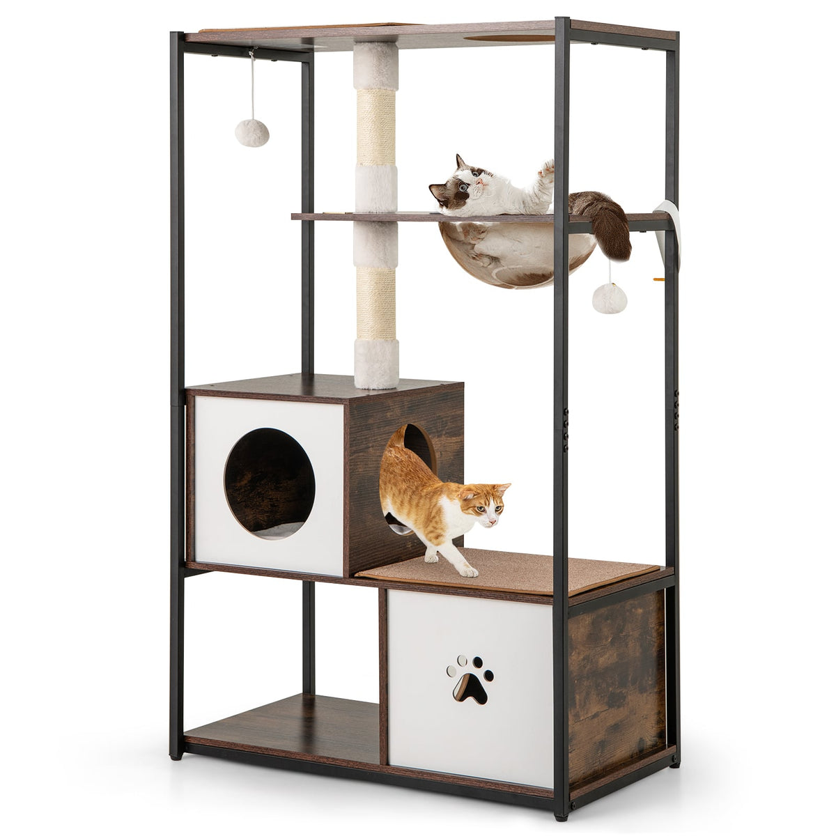 52 Inch Tall Wooden Cat Tree Metal Frame with 2 Condos and Cushions-Coffee-Cat Trees & Scratchers-DECOROLALA