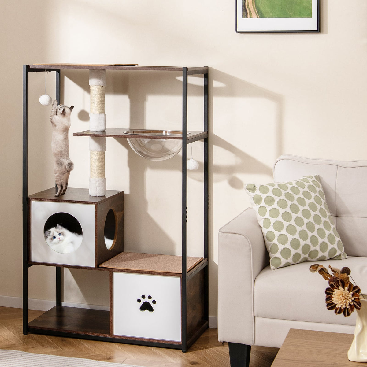 52 Inch Tall Wooden Cat Tree Metal Frame with 2 Condos and Cushions-Coffee-Cat Trees & Scratchers-DECOROLALA