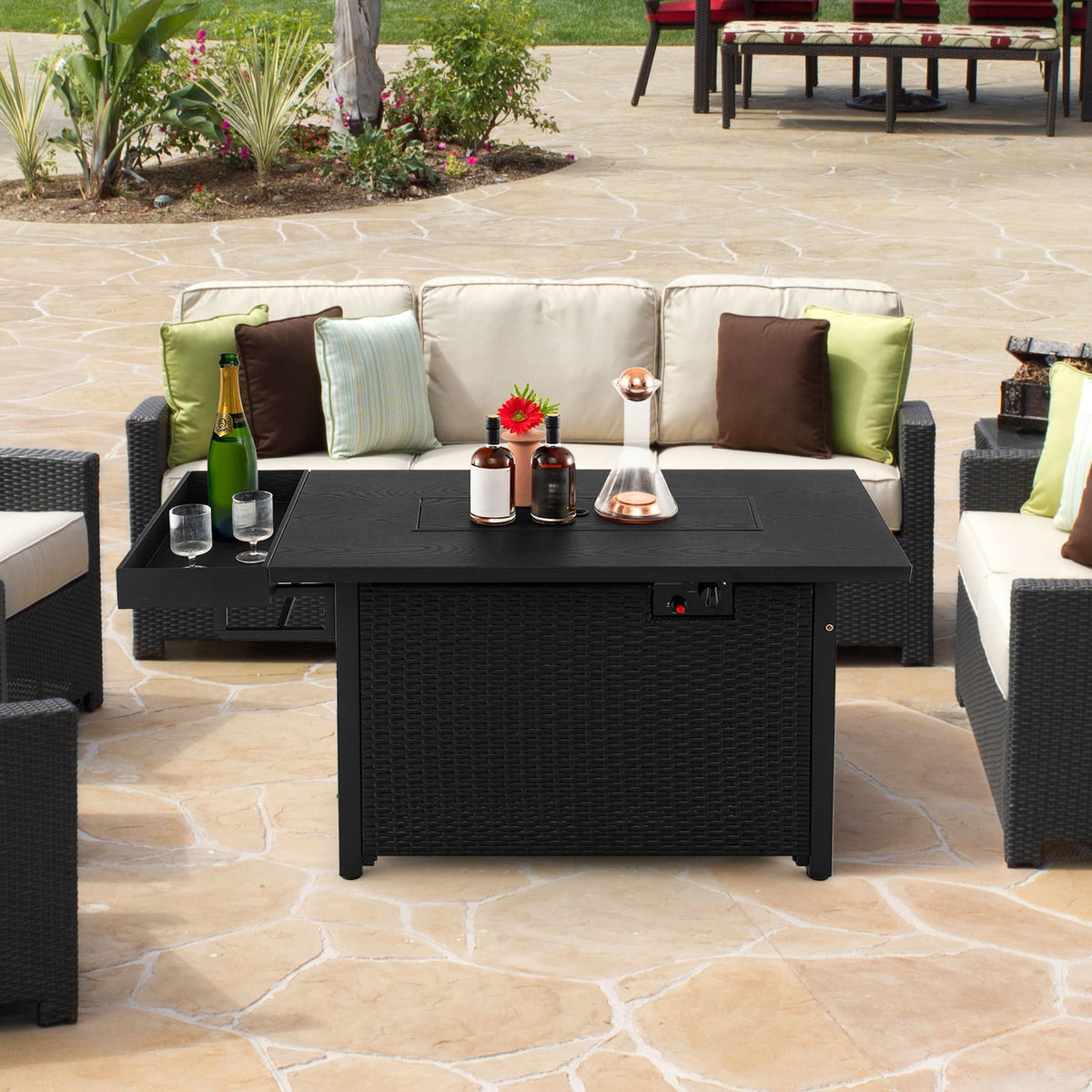 52 Inches Outdoor Wicker Gas Fire Pit Propane Fire Table with Cover-Black-Fire Pit Tables-DECOROLALA