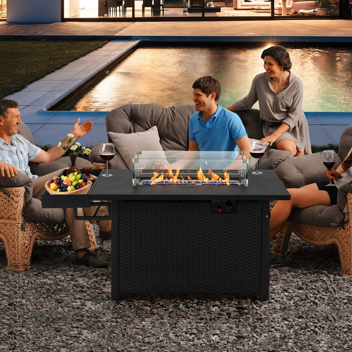 52 Inches Outdoor Wicker Gas Fire Pit Propane Fire Table with Cover-Black-Fire Pit Tables-DECOROLALA
