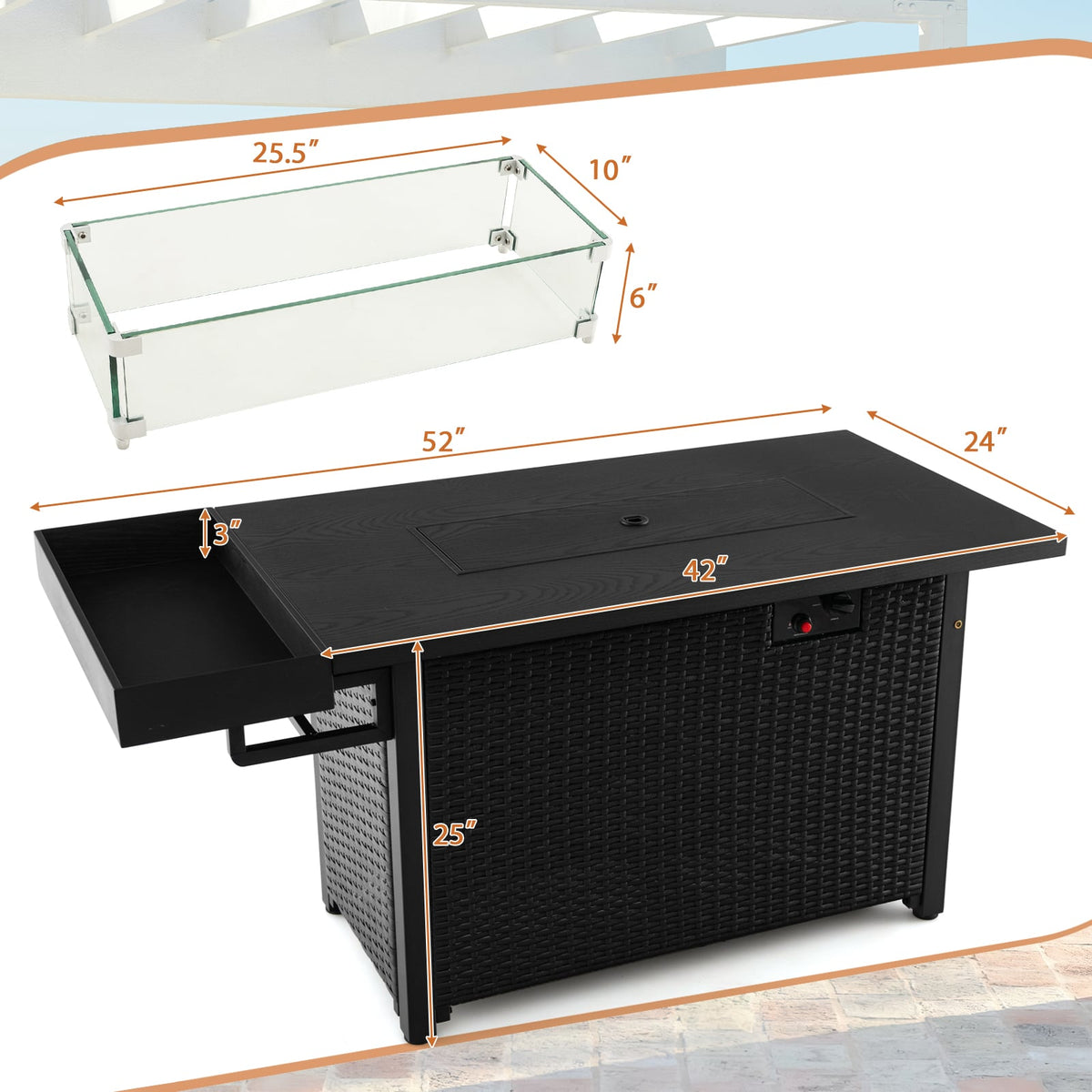 52 Inches Outdoor Wicker Gas Fire Pit Propane Fire Table with Cover-Black-Fire Pit Tables-DECOROLALA