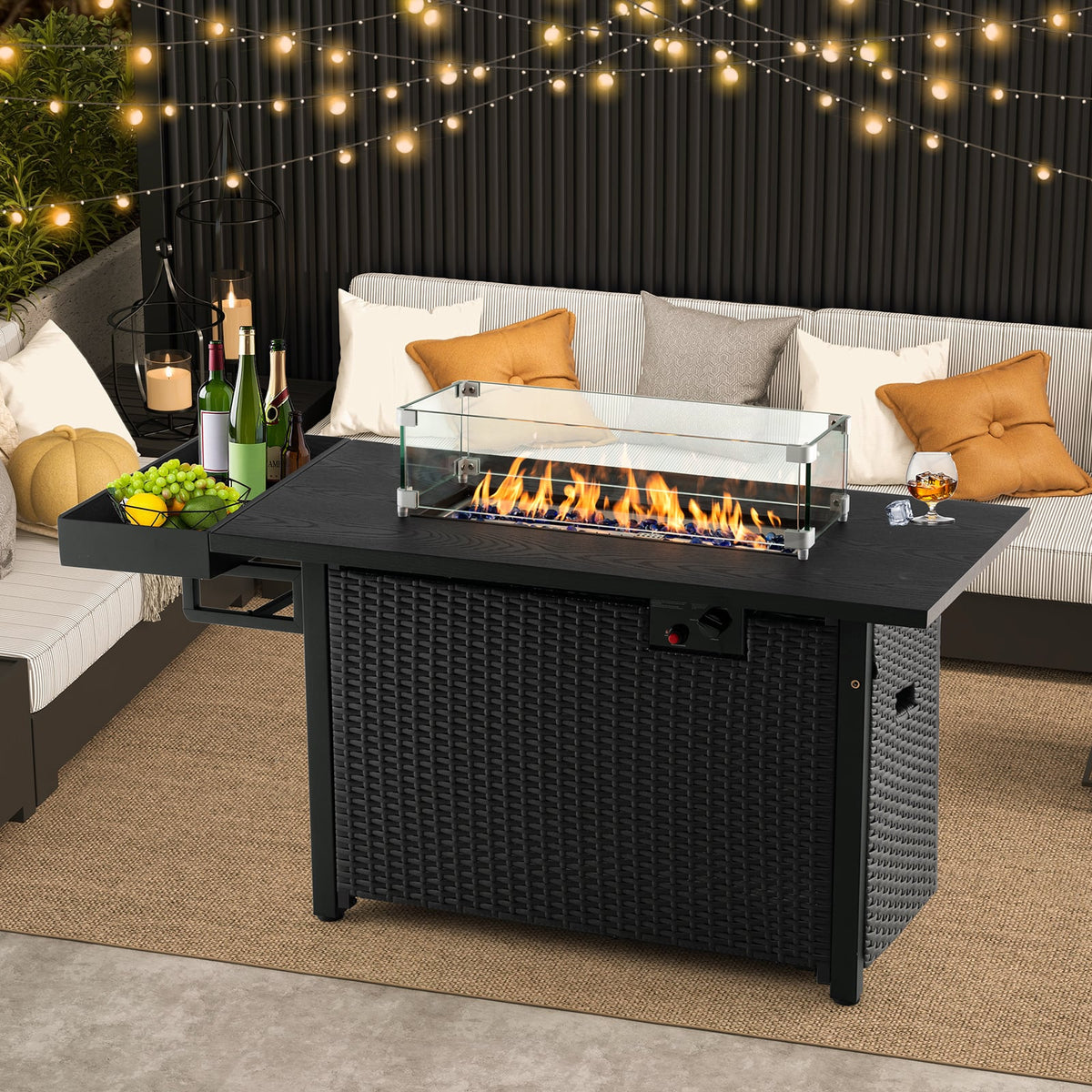 52 Inches Outdoor Wicker Gas Fire Pit Propane Fire Table with Cover-Black-Fire Pit Tables-DECOROLALA