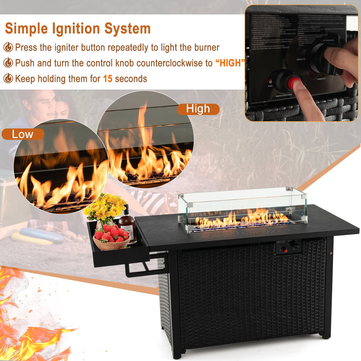 52 Inches Outdoor Wicker Gas Fire Pit Propane Fire Table with Cover-Black-Fire Pit Tables-DECOROLALA
